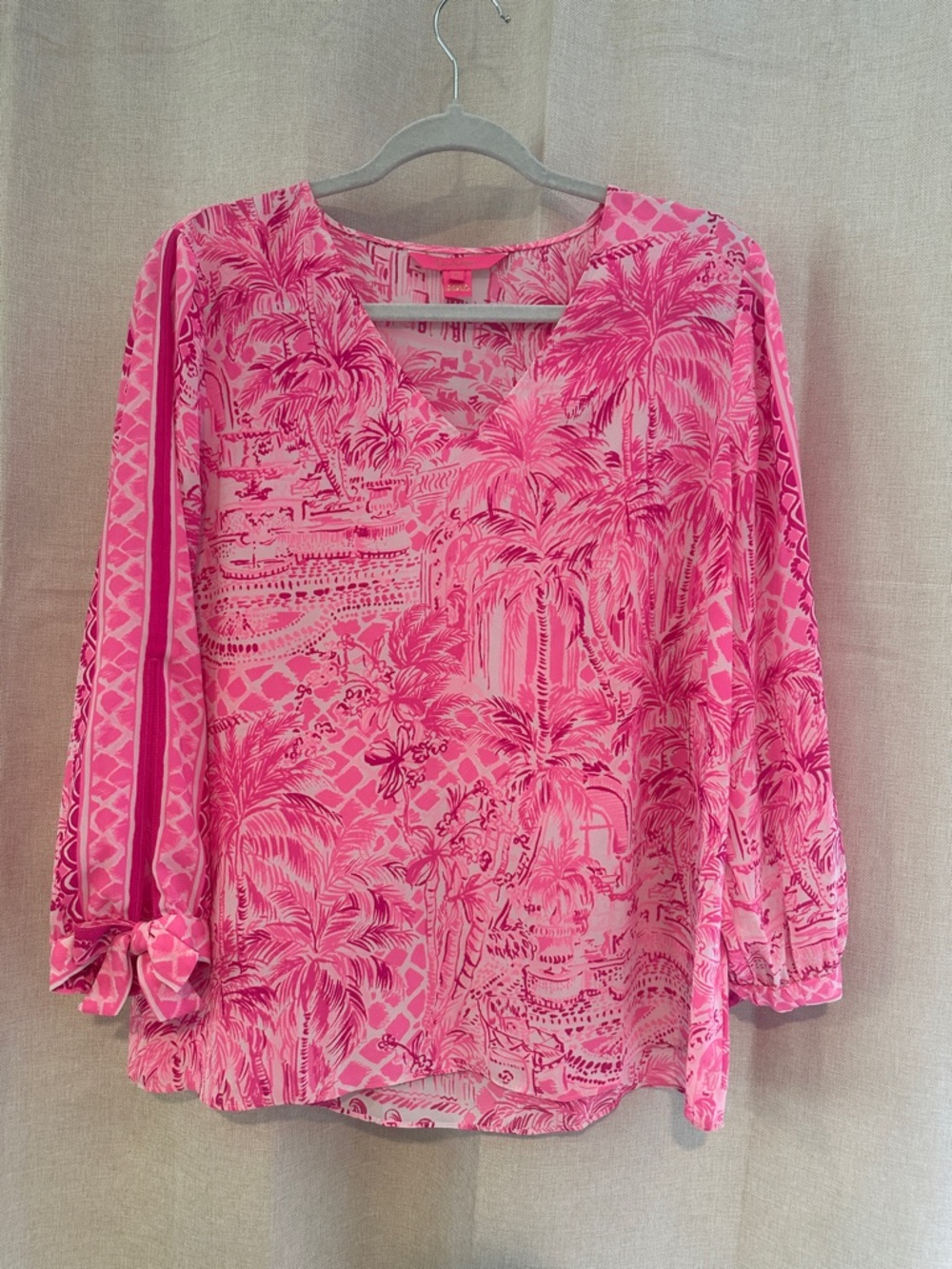 Lilly Pulitzer Hot Pink Tropical-Print V-Neck Blouse